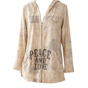 Mur Mur Linen Peace & Love Zip Jacket Size Large Boho Art Hoodie Neutral